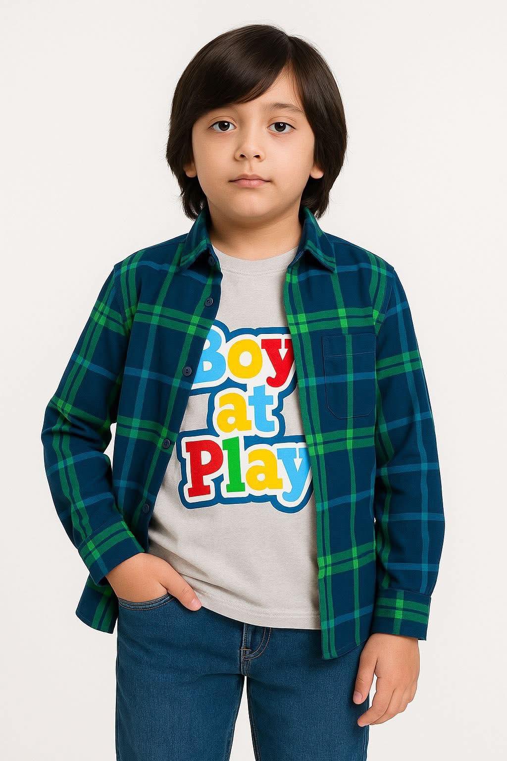 Check Navy Green Causal Shirt I Grey Tee