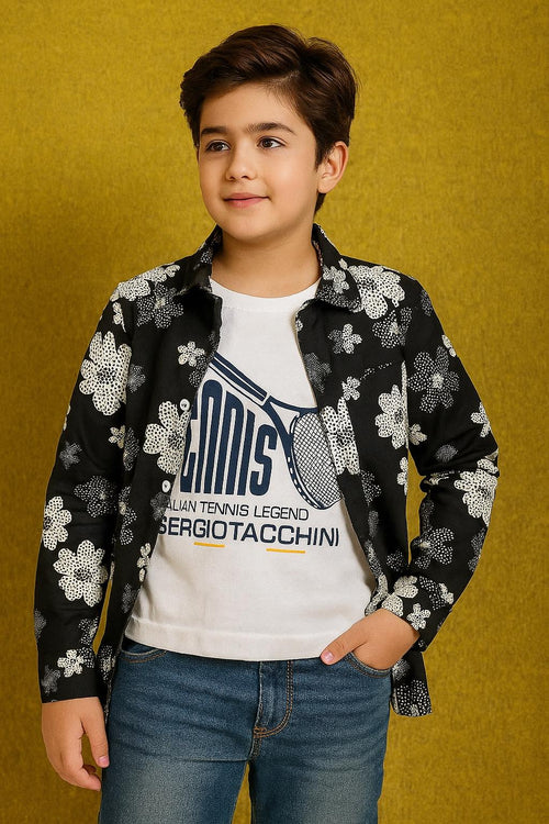 Black Flower Print Shirt I White Tee
